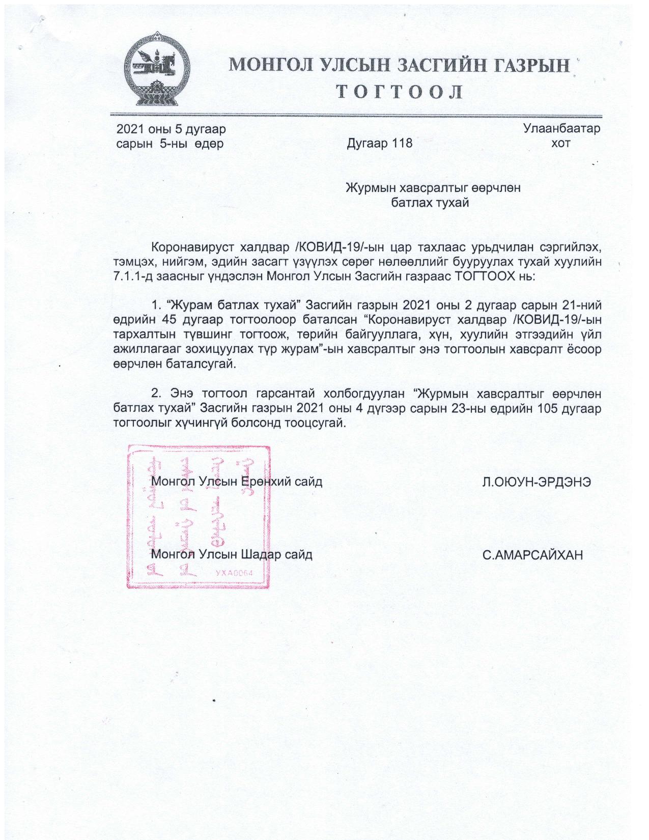 МОНГОЛ УЛСЫН ЗАСГИЙН ГАЗРЫН ТОГТООЛ