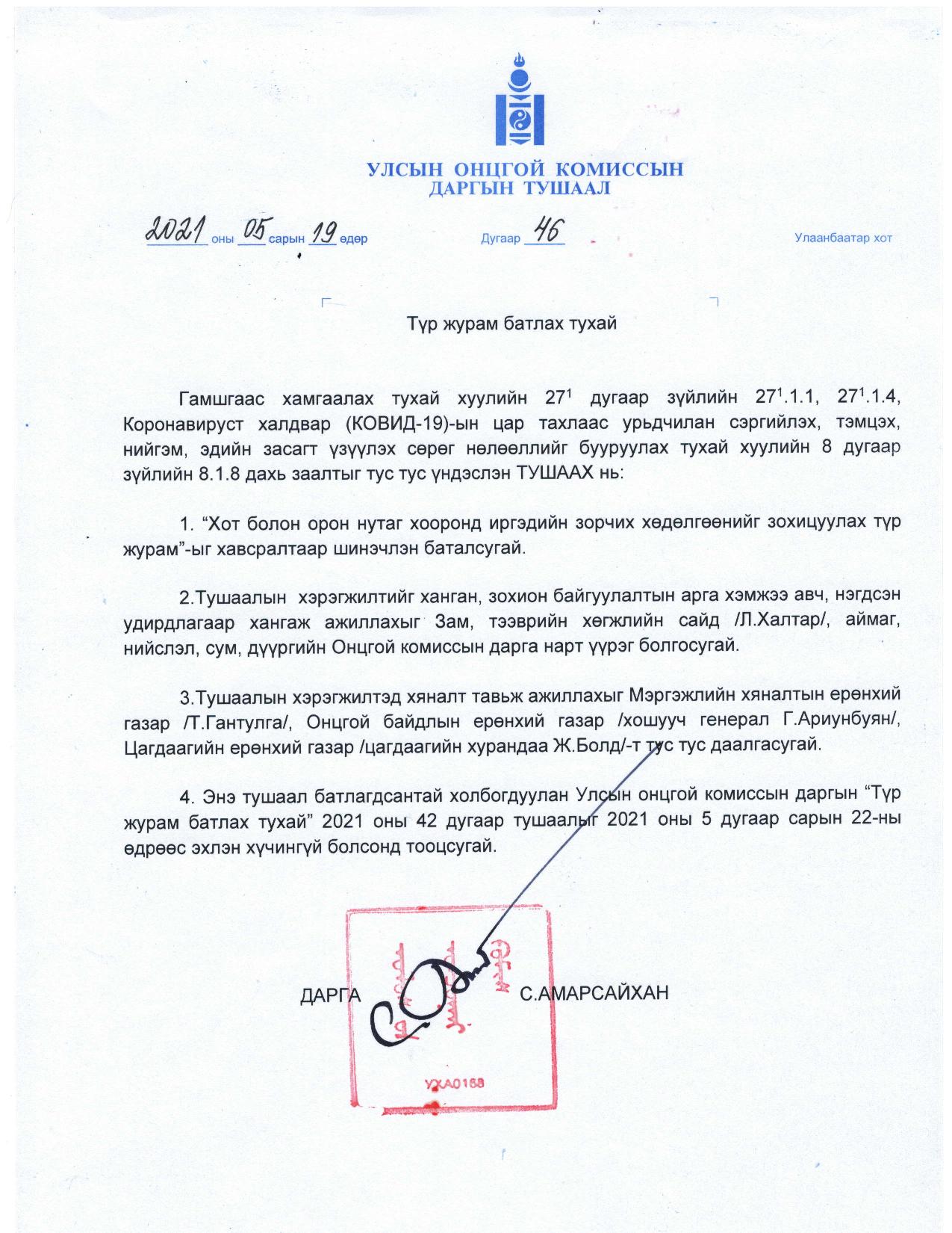 УЛСЫН ОНЦГОЙ КОМИССЫН ДАРГЫН ТУШААЛ №46